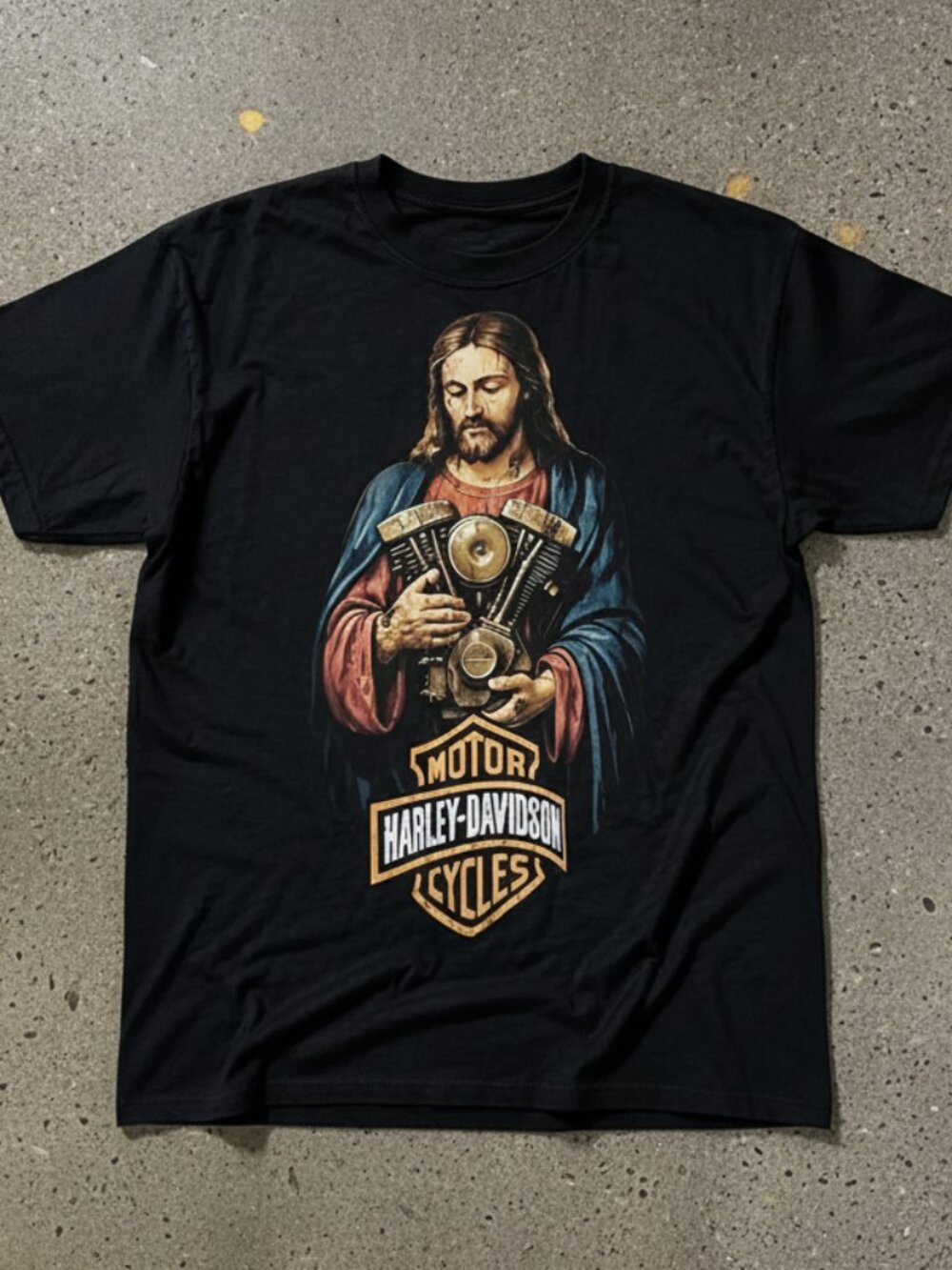 Harley Davidson Jesus Engine Blessing Vintage Graphic Black T-Shirt